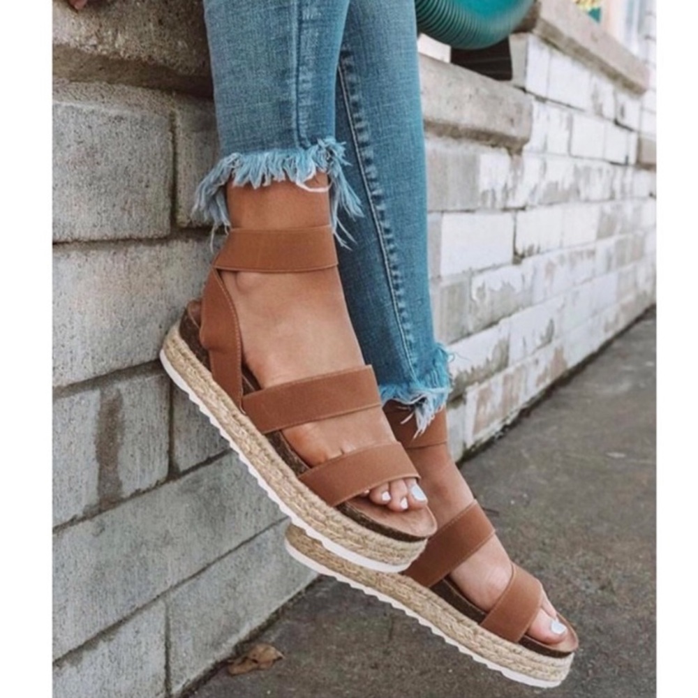 Tan Camel Espadrille Platform Two Strap Sandals
